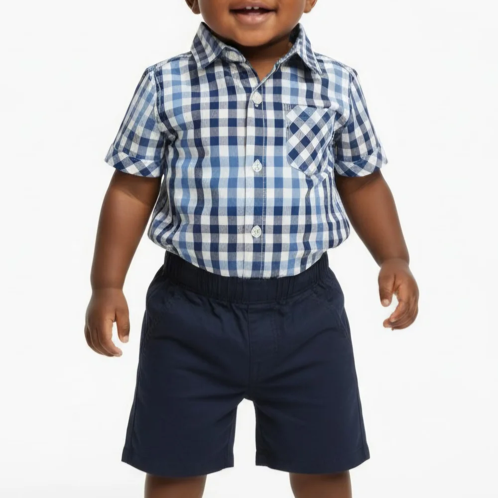 Ben Sherman Toddler Outfit Plaid Button Down Shirt Navy‎ Shorts Set 24M